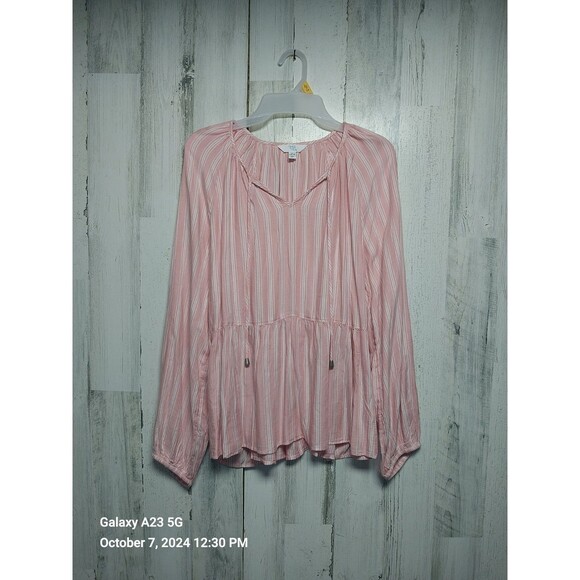 Time and Tru Top Womens Large 12-14 Pink Striped Long Sleeve Woven Peplum - Picture 1 of 7